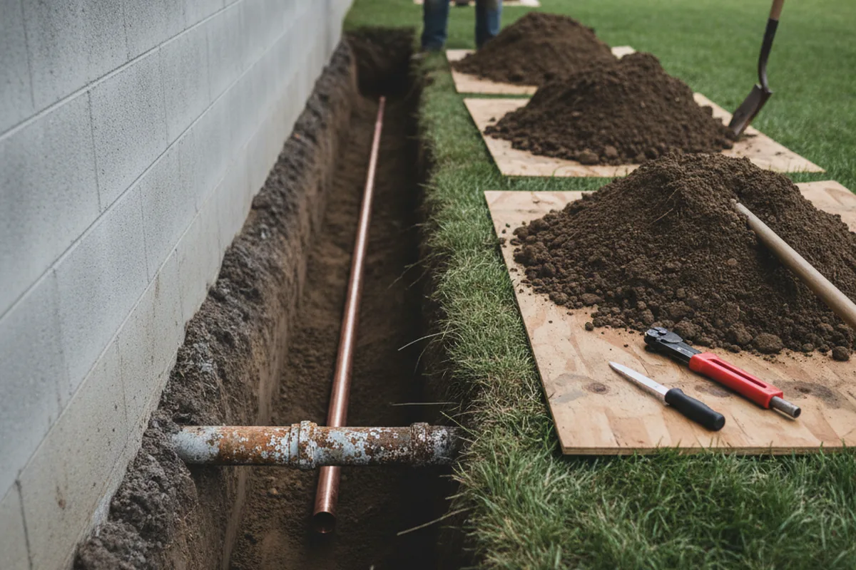 Excavated water line trench during Water Heater Repair in Neeses